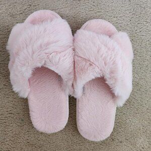🆕Women's Pink Fuzzy Slippers Cross Band Memory Foam Faux-fur Open Toe Shoes